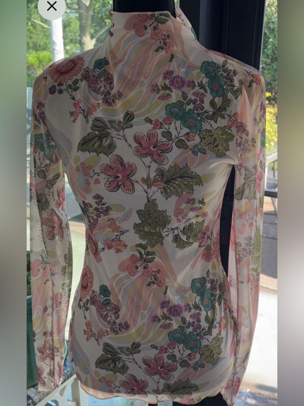 Anthropologie Sheer Floral Print Long-Sleeve Mock Neck Top - Pink Green